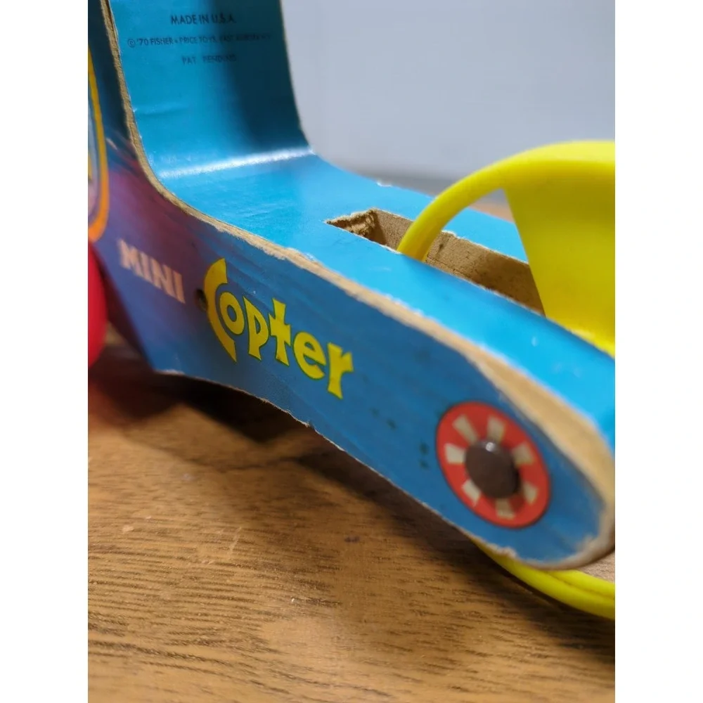 Vtg 1970 Fisher Price Mini Copter Pull Toy 448 Wood Helicopter Works Gnawd Strng